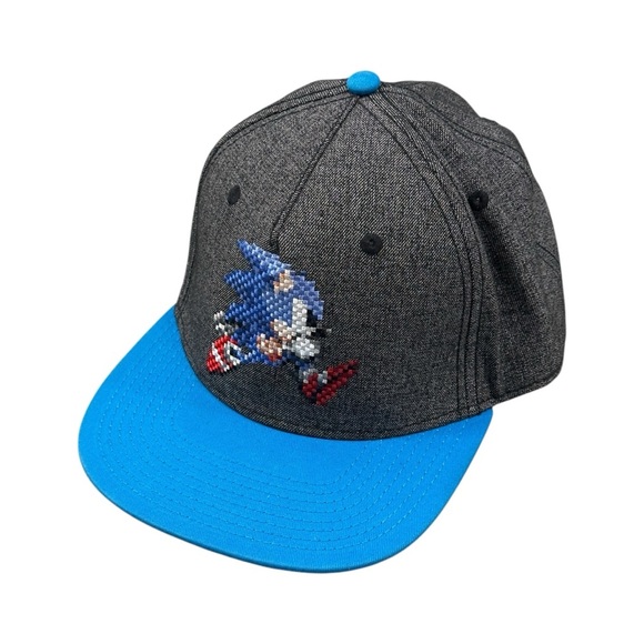 SEGA Sonic the Hedgehog Embroidered Pixelated Snapback Baseball Cap Grey/Blue - Picture 1 of 5